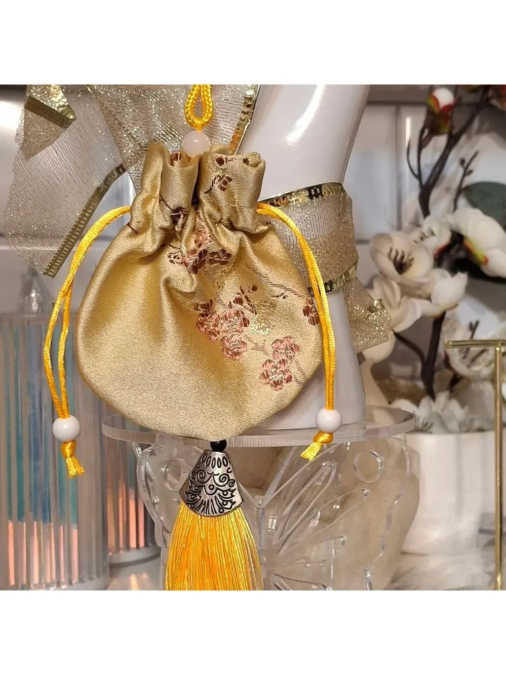 Golded Yellow Silky Drawstring Pouch with Tassel Set Of 3 New